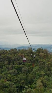 Dikey video. Yoğun Orman tepe örtüsü üzerinde süzülen Kablo Arabalar Yüksek Geniş Açı Görünümlü Geniş Dağ Panoraması, Hava Alanı Konsepti