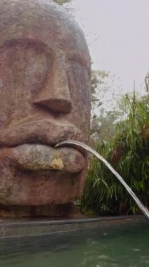 Dikey video. Ba Na Hills Vietnam 'da Düşük Açı Geniş Görüş Alanı' ndaki Sisli Bahçe Bitkileriyle Havuza Su Döken Büyük Taş Suratlı Çeşme, Sanatsal Kent Simgesi