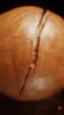 Dikey video. Açık Deniz Kabukları ve Özel Metal Anahtarı Yansıtıcı Yüzey, Nut Açma Süreci, Mutfak Malzemeleri Görünümü, Sağlıklı Yeme Konsepti ile Dağılmış Macadamia Fındığı Fındık Çekimini Kapat