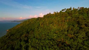 Hızlı İHA İHA İniş Yarışı Yoğun Yeşil Tepeler üzerinde Mavi Deniz ve Kıvrımlı Tropikal Sahil şeridi boyunca ilerleyen Hava Keşif Konsepti