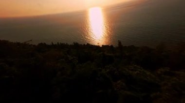 İHA İHA Uçuşu Koyu Yeşil Orman 'ın üzerinden Altın Gün batımında Şiddetli Güneş Denizi Yansıtmasına doğru Güçlü Işık Karşıtlığı, Dramatik Hareket Konseptiyle