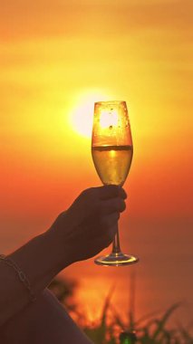 Dikey video. Siluetteki Kadın Yavaşça Şampanya İçiyor Çimenlerde Ağaç ve Parlayan Portakal Günbatımıyla Otururken Arka planda, Akşam Dinlenme Konsepti