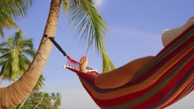 Mavi Gök ve Palmiye Yapraklarına Karşı Hamak İp ve Kadın Ayağının Yakın Görüntüsü, Özel Tatil Çekimi