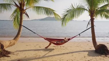 Sahil kıyısındaki iki palmiye ağacı arasındaki simetrik manzara, dengeli tropikal kompozisyon.