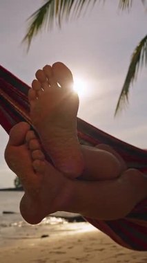 Dikey video. Sandy Çıplak Ayaklar Hamakta Gün Işığı Parmaklar ve Palm Siluetleri Arasında Parlıyor Sıcak Tropikal Akşam Atmosferi Oluşturuyor