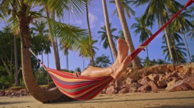 Çıplak Ayaklar Palmiye ağaçlarıyla Renkli Hamakta Dinleniyor ve Rocky Shore Sakin Tropikal Kaçış Ortamı Yaratılıyor
