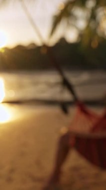 Dikey video. Hamakta dinlenen bir kadın, gün batımında kıyı şeridinde bir bardak şampanya ile sakin ve huzurlu bir ada akşamı yaratıyor.