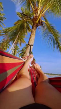 Dikey video. Huzurlu bir pov görüntüsü, parlak güneş ışığı ve berrak mavi gökyüzünün oluşturduğu uzun palmiye ağaçlarının altında dinlenen gevşek bacakları gösteriyor.