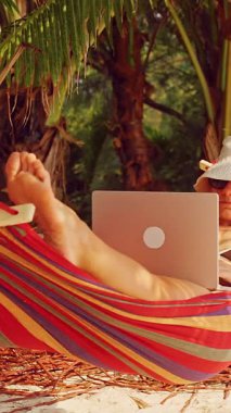 Dikey video. Hamakta dizüstü bilgisayarlı bir kadın kumsaldaki ağaçların altında dijital göçebe yaşam tarzını ve dışarıda rahat çalışma ortamını gösteriyor.