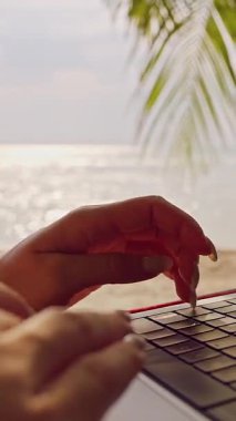 Dikey video. Rastgele Uzaktan Çalışma Sahnesi Oluştururken Dizüstü Bilgisayarda Yazan Ellerin Görünümünü Kapat