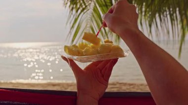 Hamakta palmiye gölgesi ve sakin okyanusla dinlenirken Kadın taze ananasla eğleniyor Tropikal eğlence manzarası yaratıyor