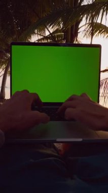 Dikey video. Mobil Çalışma Yaşam Tarzı Gösteren Palmiye Ağaçlarıyla çevrili Tropikal Sahilde Yeşil Ekranlı Dizüstü Bilgisayarda İlk Perspektif Daktilo