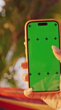 Dikey video. Yeşil Ekran ile Hamak Tutucu Akıllı Telefonu ve Tropikal Palm Garden 'da Kaydırma Hareketi Yapan Kadın Dokunmatik ve Rahat Mobil Kullanım Gösteren İlk Kişi Görünümü