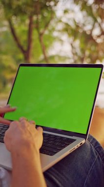 Dikey video. Palm Trees 'in Altında Dinlenen Hamak' ta Yeşil Ekranlı Dizüstü Bilgisayarı İşleyen Kadın, Esnek Çalışma ve Seyahat Yaşam Tarzı Gösteriyor