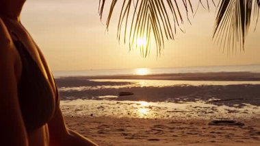 Meditasyonda Rahat Eller Sahil Günbatımında Poz ver, Palmiye Yaprakları Yukarıda, Yumuşak Altın Işık, Huzur Denizi Atmosferi, Sağlıklı ve Sakin