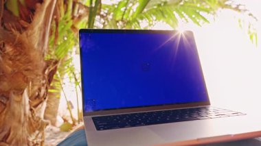 Mavi Krom Ekranlı Laptop Palm Trees 'in Altında Yakından Bakılan Hamak Dijital Göçebe Yaşam Tarzı ve Açık Hava İş Dengesi Gösteriyor