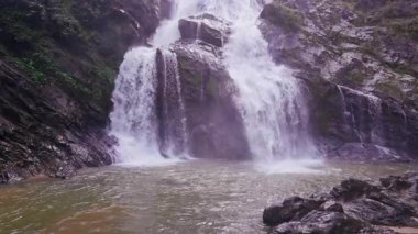 Karanlık kayaların üzerine çağlayan güçlü şelale doğal gücü ve taze enerjiyi ifade eden ormanlarla çevrili havuza dökülüyor.