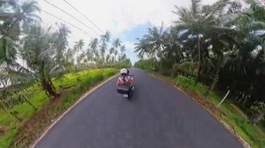 Travel Freedom Adventure ve Everyday Island Life 'ı gösteren Palmiye ağaçlarıyla çevrili Tropikal Kırsal Yol' dan Scooter 'ın Arka Manzarası