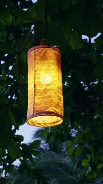 Dikey video. Alacakaranlıkta Parlayan Sıcak Kağıt Fenerler, Sıcak Akşam Işığı ve Neşeli Bahçe Atmosferinde Tropikal Yapraklar Arasında Parlayan