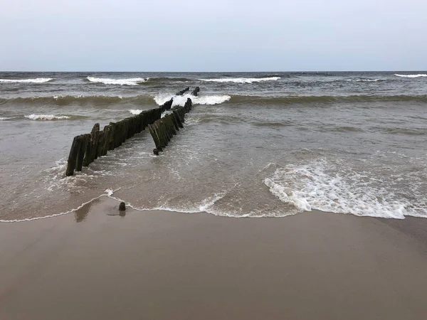 Grote golven met schuim en golfbrekers aan de Oostzee — Stockfoto