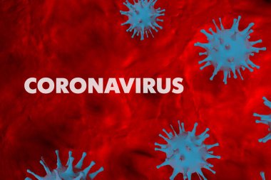 Roman Coronavirus - 2019-NCoV. Coronavirus 'un metinli 3 boyutlu modeli. Kırmızı kan arkaplanı.