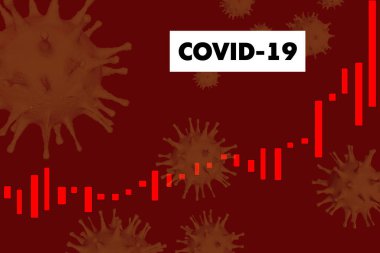 Covid-19 virüsünün artması ve ölümlerin artması. Koronavirüs molekülleri ile siyah zemin üzerinde kırmızı diyagram. 3 Boyutlu Hazırlama