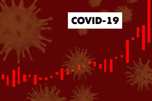 Covid-19 virüsünün artması ve ölümlerin artması. Koronavirüs molekülleri ile siyah zemin üzerinde kırmızı diyagram. 3 Boyutlu Hazırlama