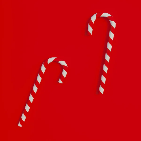 Noel şekeri çubuğu beyaz ve kırmızı çizgili. Noel arkaplanı. Şeker kamışı. 3B görüntüleme.