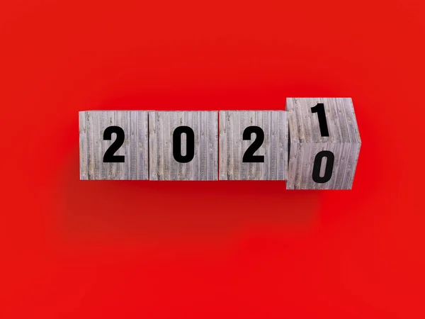 Kırmızı arka planda tahta küpler. 2020 'de yeni yıl 2021' de. Noel konsepti. 3B görüntüleme.