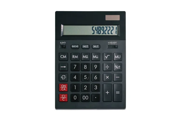 Rekenmachine geïsoleerd op een witte achtergrond. Grote zwarte rekenmachine met knoppen en cijfers op het scherm. Bovenaanzicht, vlak lay. — Stockfoto