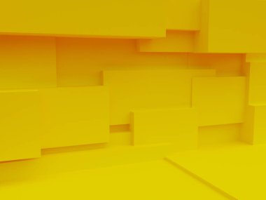 Geometrik soyutlama arkaplanı. Rastgele yerleştirilmiş sarı bloklar. Asgari düzeyde. 3B görüntüleme.