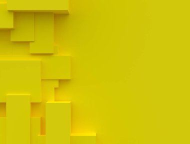 Kopya uzayı olan sarı geometrik şekiller. En az üç boyutlu. Sunum için düzenleme. Geometrik şekillerin yüzeyi. 3B görüntüleme.