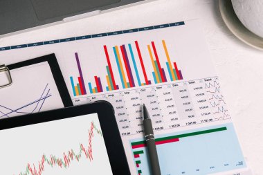 Belgeler, tabletler ve çizelgelerle dolu bir masaüstü. Şirketin faaliyetlerinin analizleri. Bütçe planlaması, denetim ve vergi hesapları. Borç verme ve maaşları hesaplama kavramı. Borsa