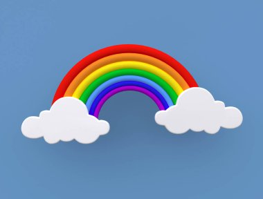 Gökkuşağı. Bulutlu mavi arka plan. Mavi gökkuşağına karşı çok renkli gökkuşağı. Hava durumu, yaz tatili, LGBTQ topluluğu. Düz yatıyordu. 3d oluşturma