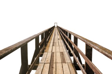 Old wooden bridge isolated on a white background. A pathway pedestrian bridge extending into the horizon