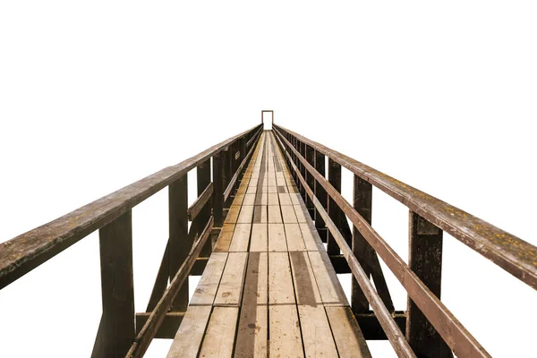 Old wooden bridge isolated on a white background. A pathway pedestrian bridge extending into the horizon