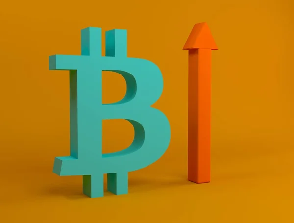Bitcoin ve büyüme grafiği. Kripto para biriminin dalgalanmaları ve tahminleri. Bitcoin büyüme grafiği ve renkli arka plan konsepti. Asgari düzeyde. 3B görüntüleme. — Stok fotoğraf