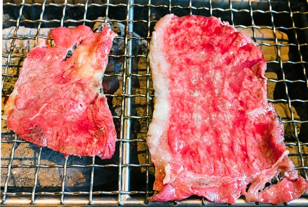 Fetta Manzo Maiale Crudo Griglia Barbecue Yakiniku Stile Giapponese — Foto Stock