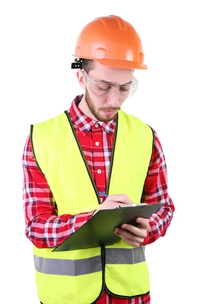 Mannelijke bouwvakker. Geschoolde arbeider ingenieur. Geïsoleerd op witte achtergrond — Stockfoto