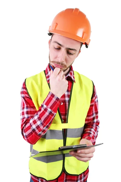 Mannelijke bouwvakker. Geschoolde arbeider ingenieur. Geïsoleerd op witte achtergrond — Stockfoto