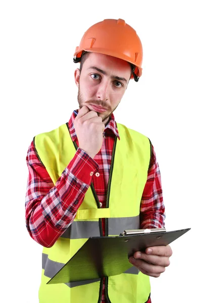 Mannelijke bouwvakker. Geschoolde arbeider ingenieur. Geïsoleerd op witte achtergrond — Stockfoto