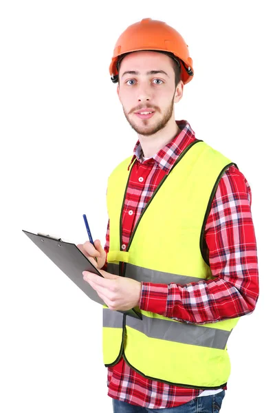 Mannelijke bouwvakker. Geschoolde arbeider ingenieur. Geïsoleerd op witte achtergrond — Stockfoto