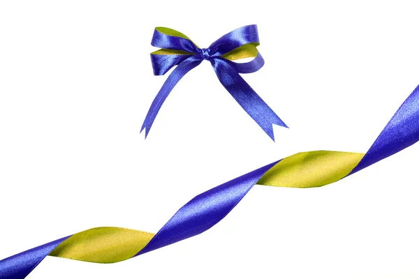 Blue-yellow fabric ribbon and bow. Isolated on white background — Stock Photo, Image