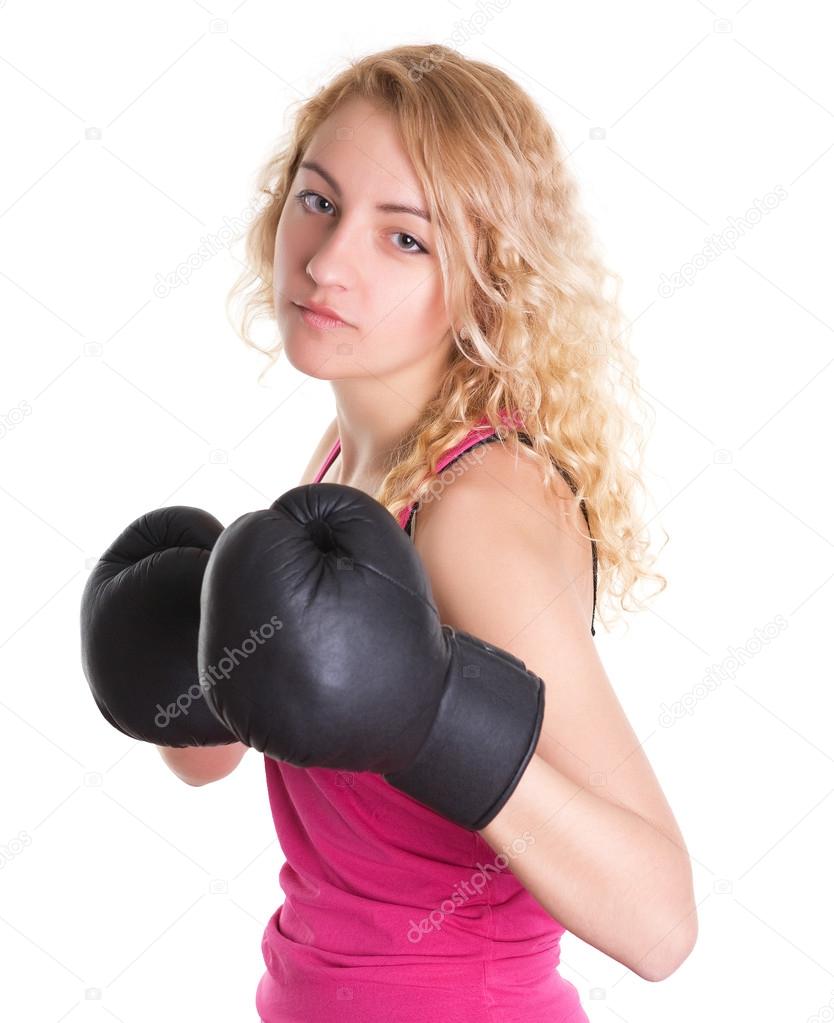 beautiful woman with the black boxing gloves, studio shot, isolated on the white background
