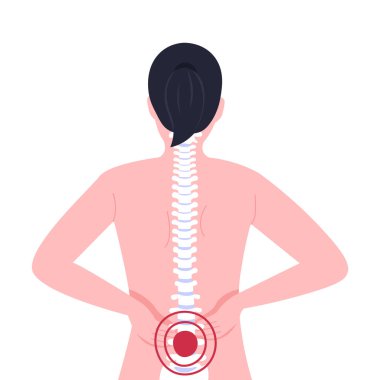 Ağrıyan bir omurga, bel ağrısı çeken bir kadın, sırtı küçük. Düz vektör illüstrasyonu.