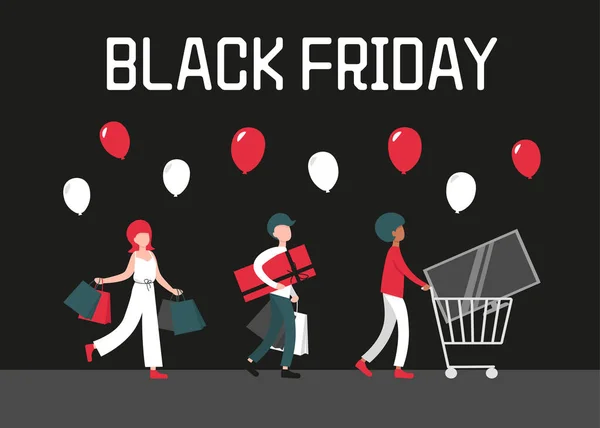 黒の金曜日の販売の概念は 家電製品やショッピングバッグを持つ人々 バナー ポスター テンプレート 黒の背景にレイアウトのためのフラットベクトル漫画現代イラスト — ストックベクタ