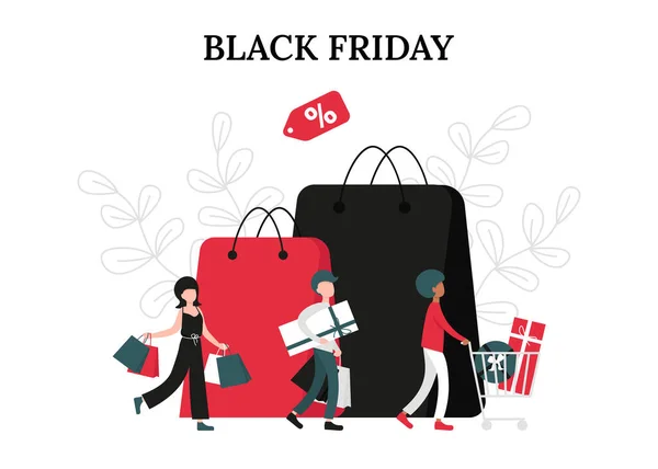 黒の金曜日の販売の概念は ショッピングカートやバッグを持つ人々の幸せなグループ バナー ポスター テンプレート レイアウトのためのフラットベクトル漫画現代イラスト — ストックベクタ