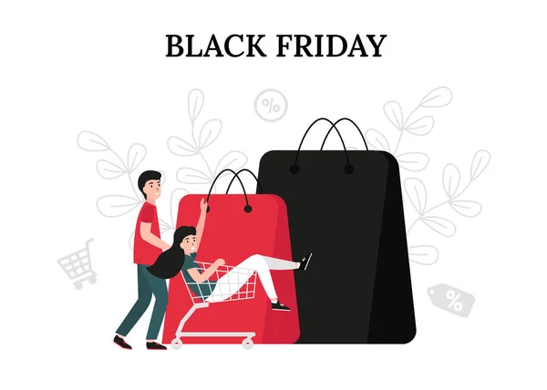 黒の金曜日の販売の概念は ショッピングカートで幸せなカップルの人々 バナー ポスター テンプレート レイアウトのためのフラットベクトル漫画現代イラスト — ストックベクタ