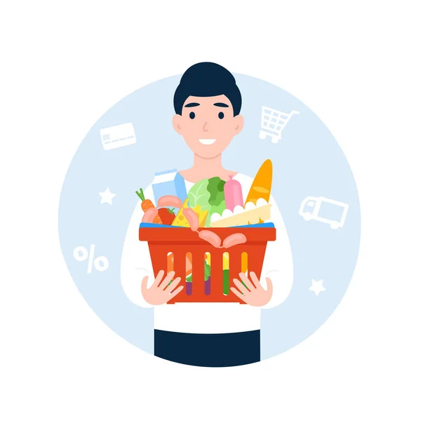 Happy Man Basket Food Shopping Cart Products Flat Vector Cartoon — Stock Vector
