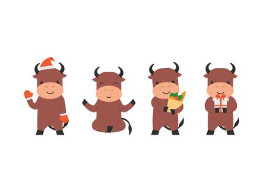 Mutlu, sevimli, boğa toynağı sallayan, yoga yapan hediye ve alışveriş çantası taşıyan karakter. Düz vektör karikatür çizimi.